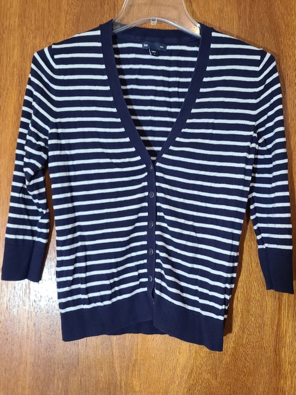 Gap Cardigan V-Neck Cropped Stripe Navy White Sz S Cotton Light Twee Mod Office